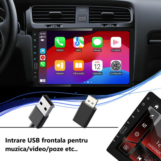 Player auto MP5, Universal 1DIN cu Carplay si Android auto, Bluetooth, USB ecran cu touchscreen 9 inch