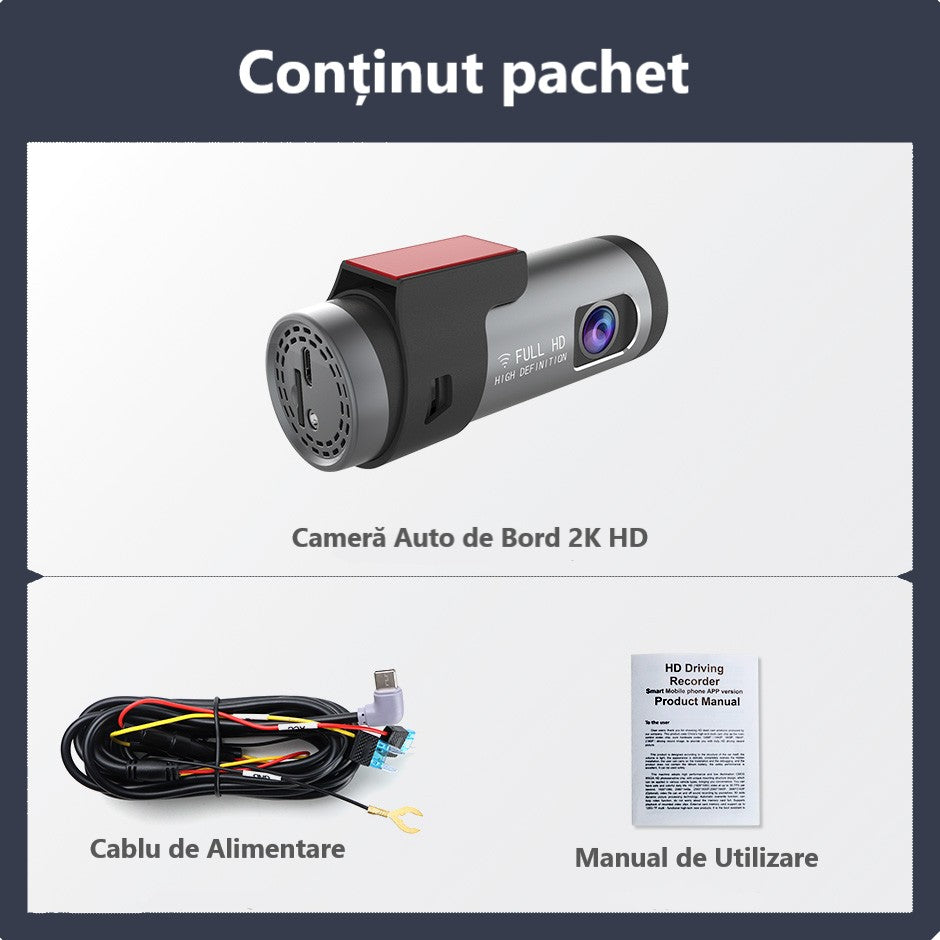 Cameră Auto de Bord DVR Portabilă, Rezoluție 2K Ultra HD, WiFi 5GHz, Unghi 170°, Senzor G, Mod Parcare 24H, Tehnologie WDR pentru Noapte