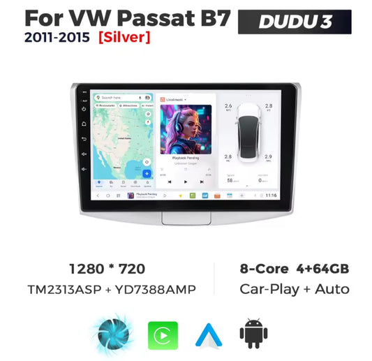 Navigație Android 15 dedicată VW Passat B6, B7 și CC, 4GB RAM + 64GB stocare, CarPlay și Android Auto