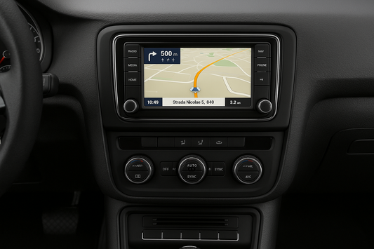 Imaginea prezintă bordul unei mașini moderne, cu un sistem de navigație integrat pe ecran central. Harta este afișată clar, iar sub ecran se văd comenzile pentru climatizare și butoanele multimedia.