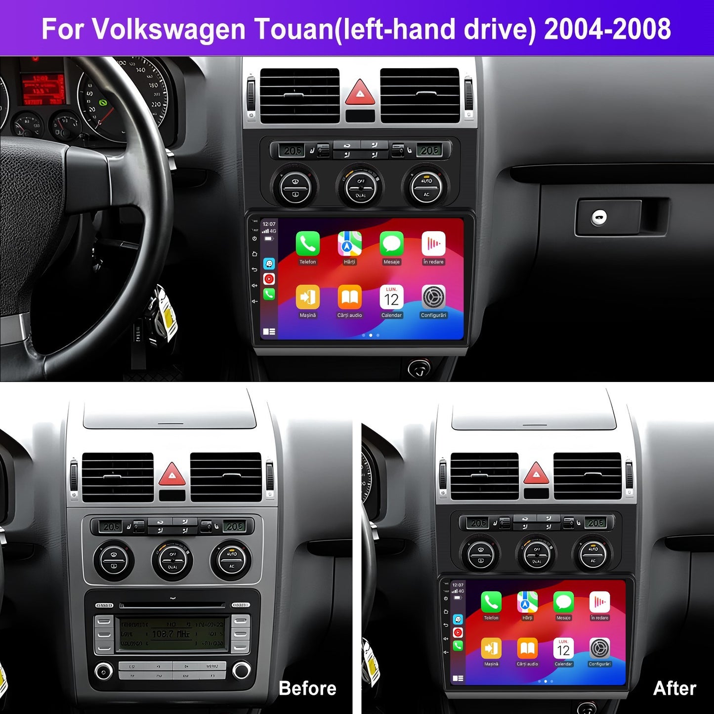 Navigatie dedicata Volkswagen Touran (2004-2008) 2GB RAM 32GB ROM, Android 14, Carplay si Android Auto, cooler racire, ecran HD 10 inch