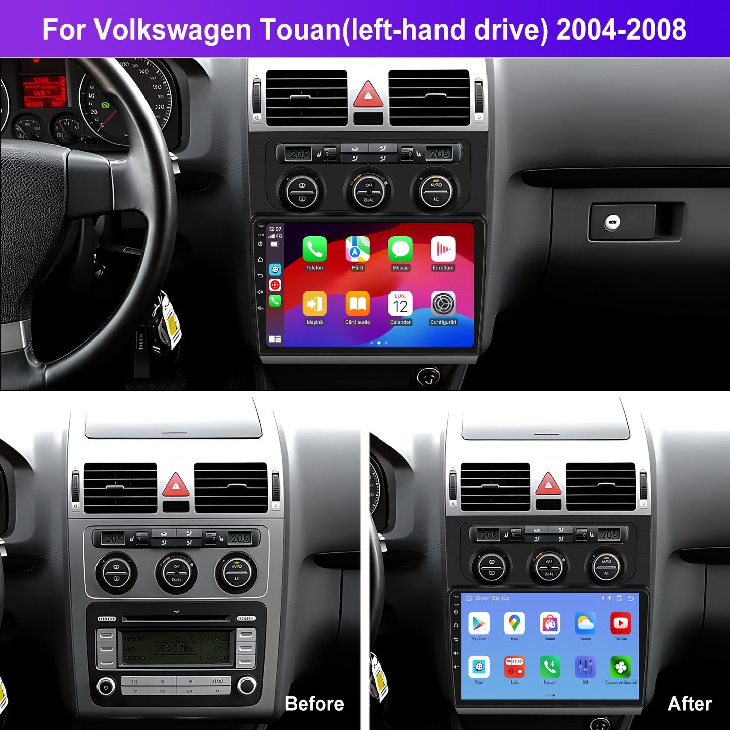 Navigatie dedicata Volkswagen Touran (2004-2008) cu Android 14, 8 GB RAM 128 GB ROM, OCTA-CORE 2.0Mhz, Carplay si Android auto, Slot SIM 4G, ventilator de racire activ, ecran 10 inch HD