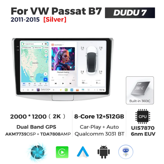 Navigație Android 15 dedicată VW Passat B6, B7 și CC, 4GB RAM + 64GB stocare, CarPlay și Android Auto