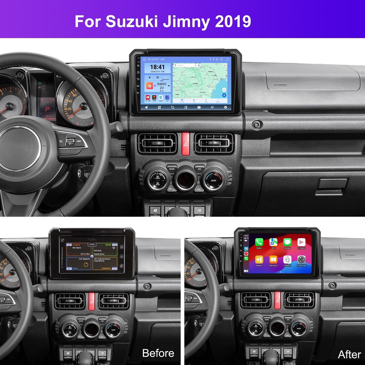 Navigatie dedicata SUZUKI Jimny 4 (2018-2023) cu Android 14, 8 GB RAM 128 GB ROM, OCTA-CORE 2.0Mhz, Carplay si Android auto, Slot SIM 4G, ventilator de racire activ, ecran 9 inch HD