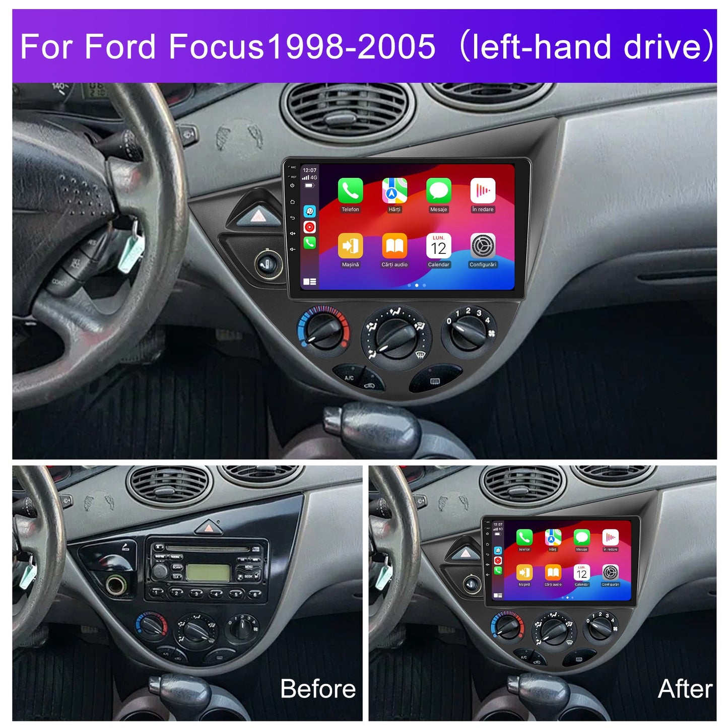 Navigatie dedicata Ford Focus (1998-2005) cu Android 14, 8 GB RAM 128 GB ROM, OCTA-CORE 2.0Mhz, Carplay si Android auto, Slot SIM 4G, ventilator de racire activ, ecran 9 inch HD