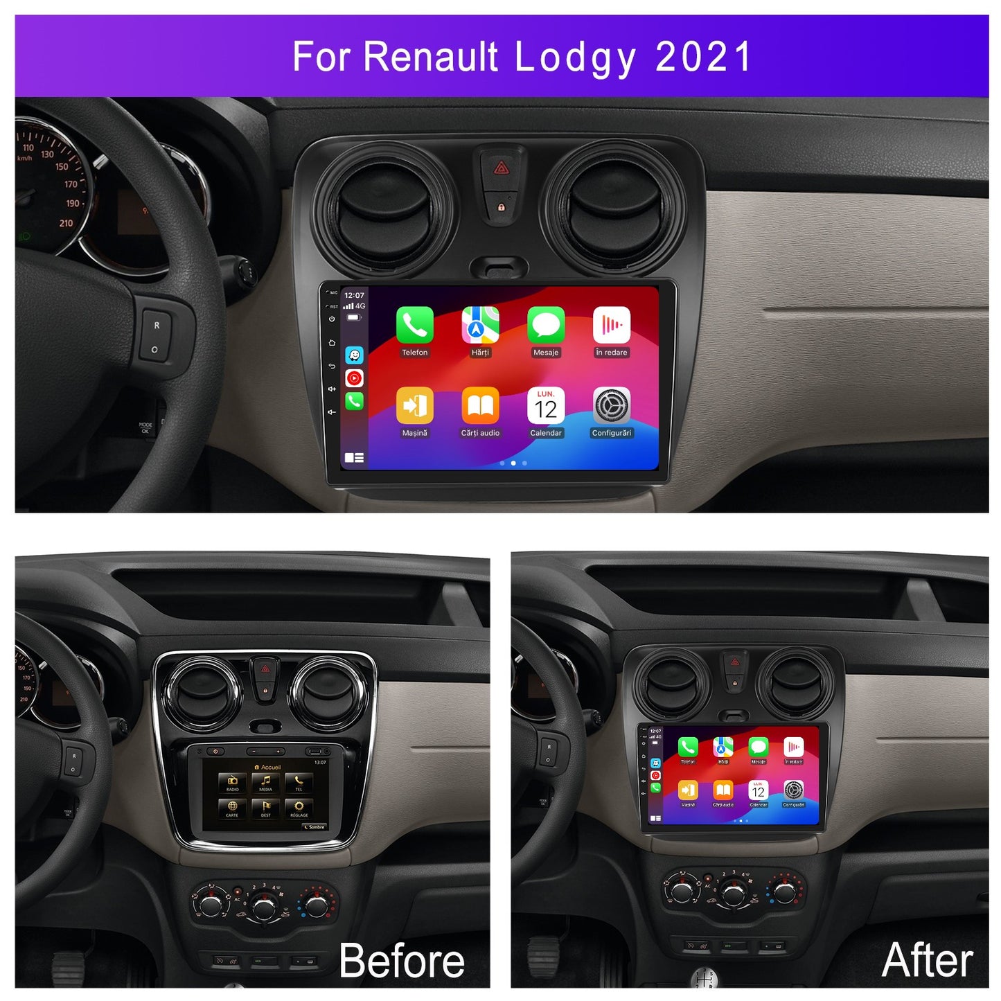 Navigatie dedicata Dacia Lodgy (2012-2021) 2GB RAM 32GB ROM, Android 14, Carplay si Android Auto, cooler racire, ecran HD 9 inch