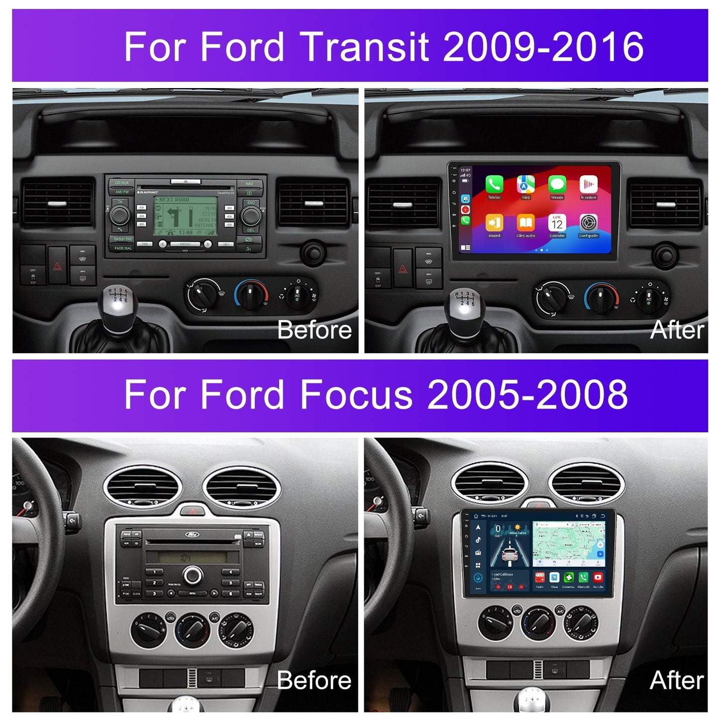 Navigatie dedicata Ford Transit (2009-2016)/ Ford Focus (2005-2008) cu Android 14, 8 GB RAM 128 GB ROM, OCTA-CORE 2.0Mhz, Carplay si Android auto, Slot SIM 4G, ventilator de racire activ, ecran 9 inch HD