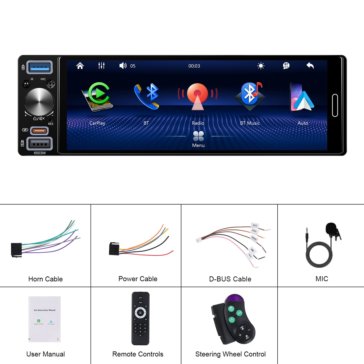 Player Auto 1DIN Universal 6.5 Inch INCELL, Wireless CarPlay, Android Auto Wireless, Bluetooth, MP5, Handsfree, Radio FM/RDS, USB, AUX