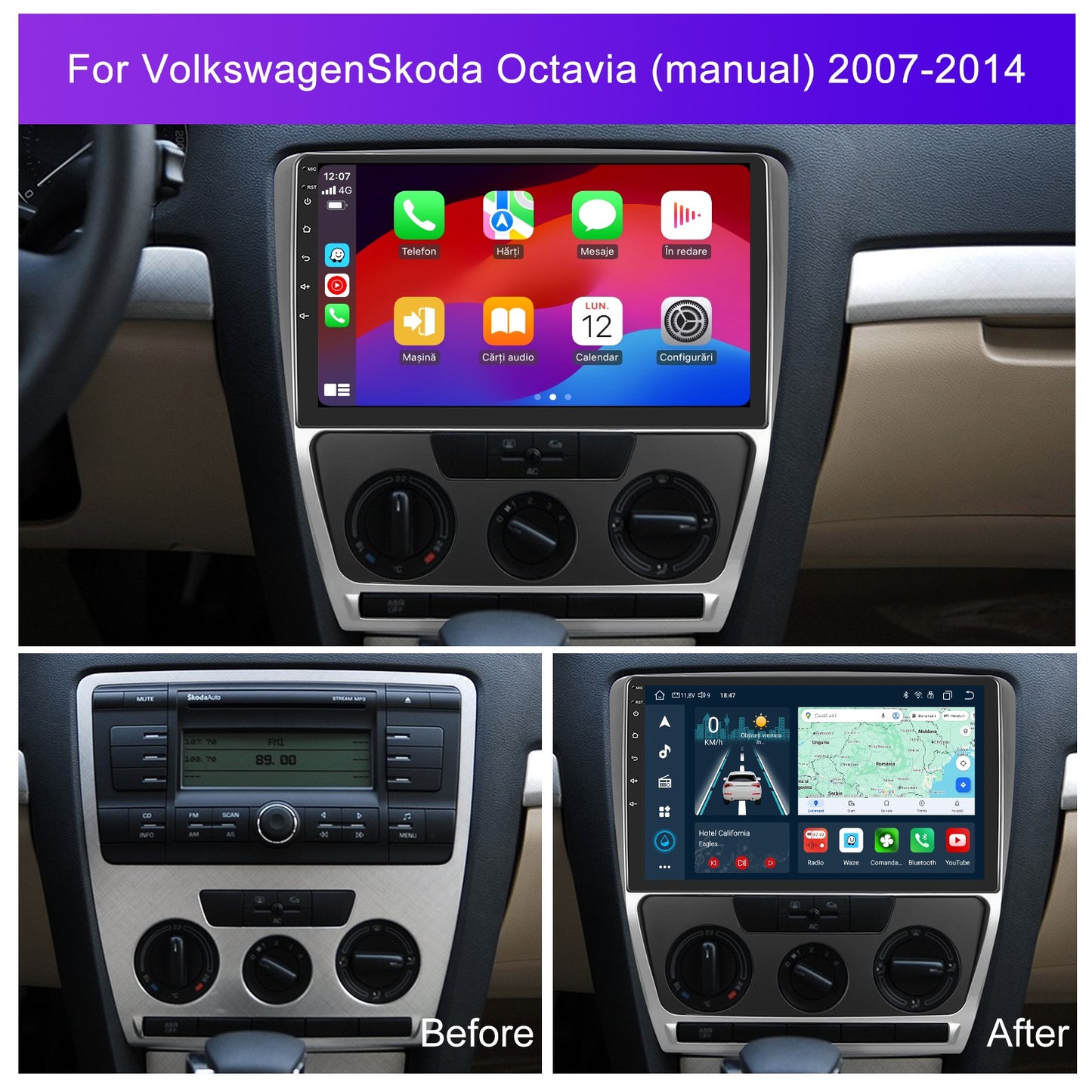 Navigatie dedicata Skoda Octavia 2 (2004-2013) cu Android 14, 4 GB RAM 64 GB ROM, OCTA-CORE, Carplay si Android auto, Slot SIM 4G, ventilator de racire activ, ecran 10 inch HD