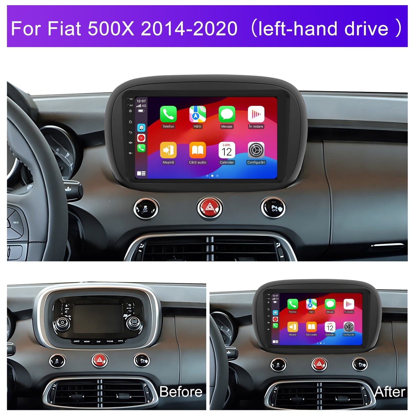 Navigatie dedicata Fiat 500X (2014-2020) cu Android 14, 8 GB RAM 128 GB ROM, OCTA-CORE 2.0Mhz, Carplay si Android auto, Slot SIM 4G, ventilator de racire activ, ecran 9 inch HD