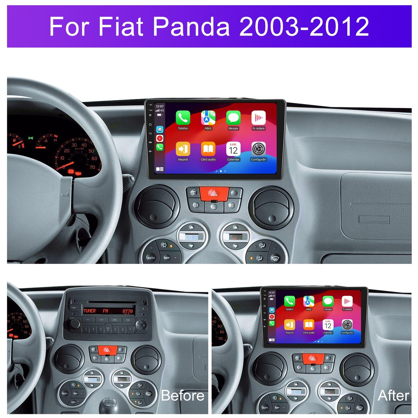 Navigatie dedicata Fiat Panda (2003-2012) cu Android 14, 4 GB RAM 64 GB ROM, OCTA-CORE, Carplay si Android auto, Slot SIM 4G, ventilator de racire activ, ecran 9 inch HD