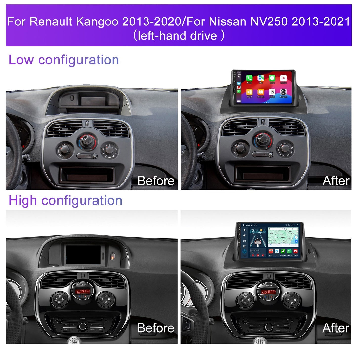 Navigatie dedicata Renault Kangoo (2013-2020)/Nissan NV250 (2013-2021) cu Android 14, 8 GB RAM 128 GB ROM, OCTA-CORE 2.0Mhz, Carplay si Android auto, Slot SIM 4G, ventilator de racire activ, ecran 9 inch HD