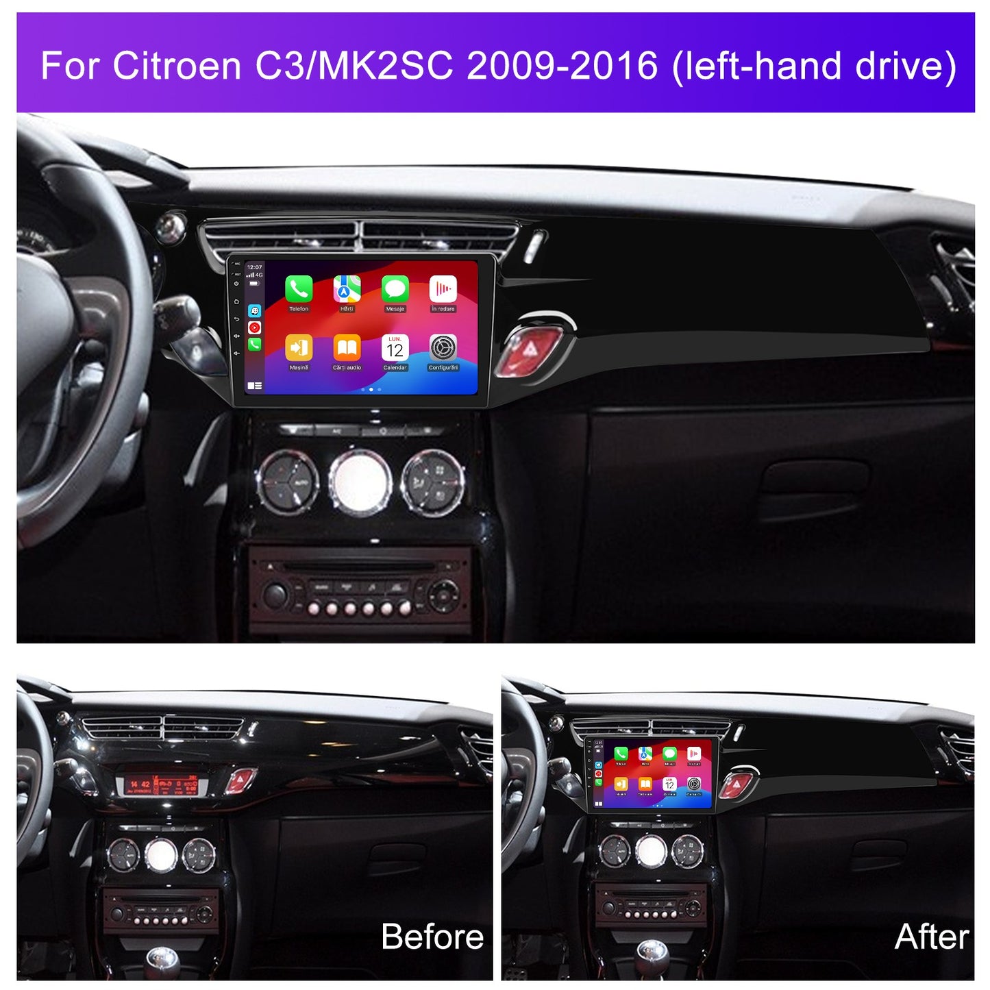 Navigatie dedicata Citroen C3/MK2SC (2009-2016) cu Android 14, 4 GB RAM 64 GB ROM, OCTA-CORE, Carplay si Android auto, Slot SIM 4G, ventilator de racire activ, ecran 9 inch HD