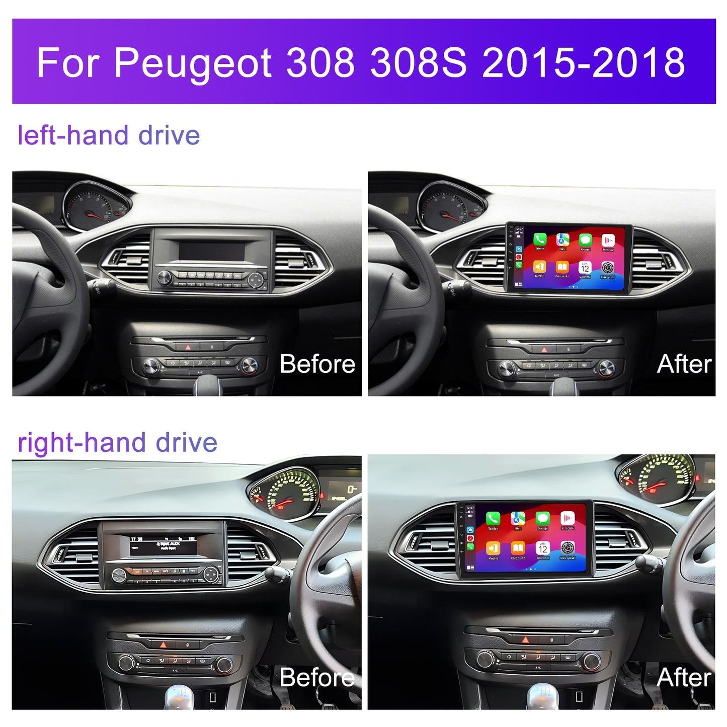 Navigatie dedicata Peugeot 308 308S (2015-2018) cu Android 14, 4 GB RAM 64 GB ROM, OCTA-CORE, Carplay si Android auto, Slot SIM 4G, ventilator de racire activ, ecran 9 inch HD
