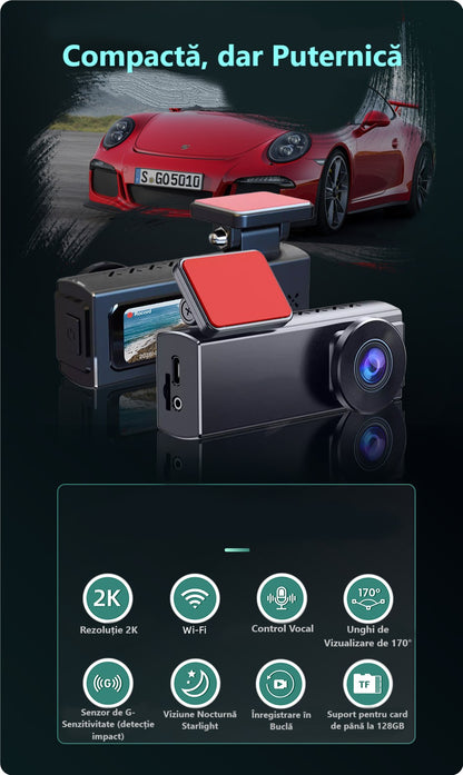 Cameră de Bord Ultra HD 2K cu WiFi Inteligent 5GHz, Unghi Panoramic 170° și Tehnologie WDR pentru Noapte