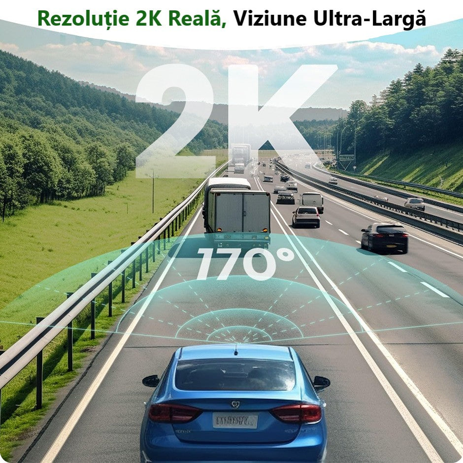 Cameră de Bord Ultra HD 2K cu WiFi Inteligent 5GHz, Unghi Panoramic 170° și Tehnologie WDR pentru Noapte