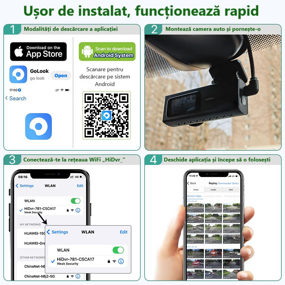 Cameră de Bord Ultra HD 2K cu WiFi Inteligent 5GHz, Unghi Panoramic 170° și Tehnologie WDR pentru Noapte