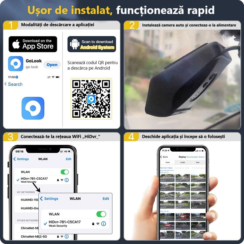 Cameră Auto de Bord DVR Portabilă, Rezoluție 2K Ultra HD, WiFi 5GHz, Unghi 170°, Senzor G, Mod Parcare 24H, Tehnologie WDR pentru Noapte