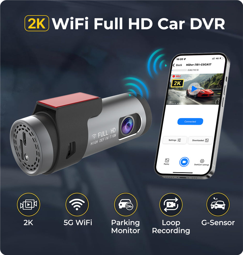 Cameră Auto de Bord DVR Portabilă, Rezoluție 2K Ultra HD, WiFi 5GHz, Unghi 170°, Senzor G, Mod Parcare 24H, Tehnologie WDR pentru Noapte