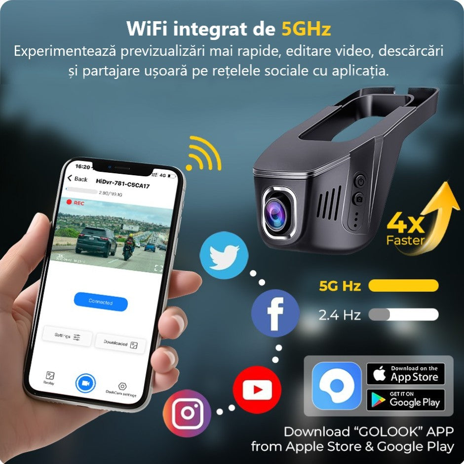 Cameră Auto de Bord DVR Portabilă, Rezoluție 2K Ultra HD, WiFi 5GHz, Unghi 170°, Senzor G, Mod Parcare 24H, Tehnologie WDR pentru Noapte
