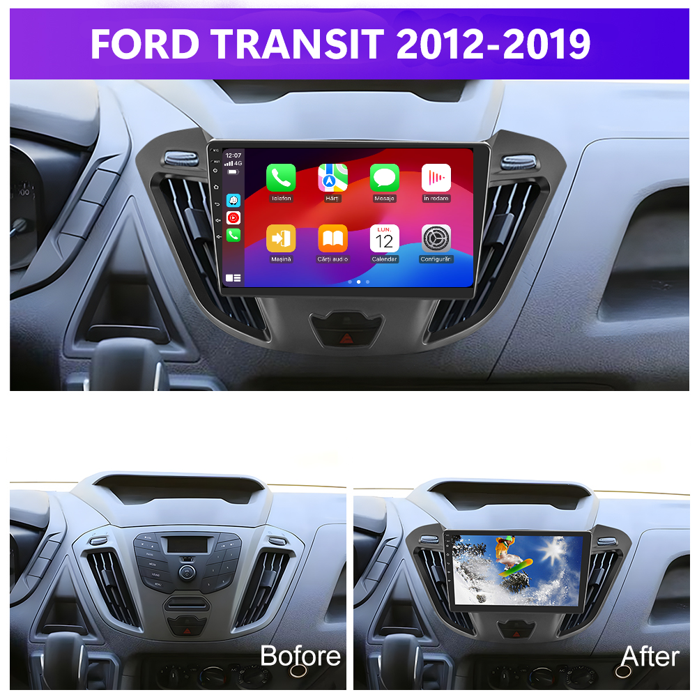 Navigatie dedicata Ford Transit (2012-2019) cu Android 14, 4 GB RAM 64 GB ROM, OCTA-CORE, Carplay si Android auto, Slot SIM 4G, ventilator de racire activ, ecran 9 inch HD