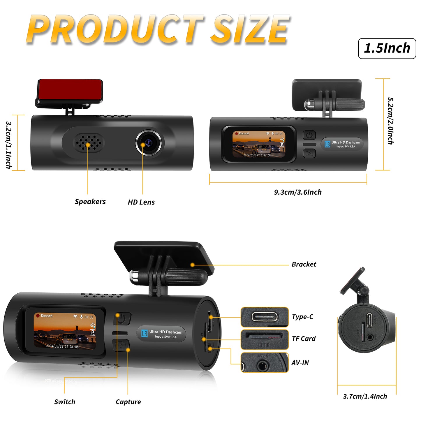 Camera Auto Ultra HD 2K L3, Ecran LCD, Wi-Fi și Control din Aplicație, G-Senzor, Monitorizare Parcare, Port Tip-C, Unghi Larg de Vizualizare