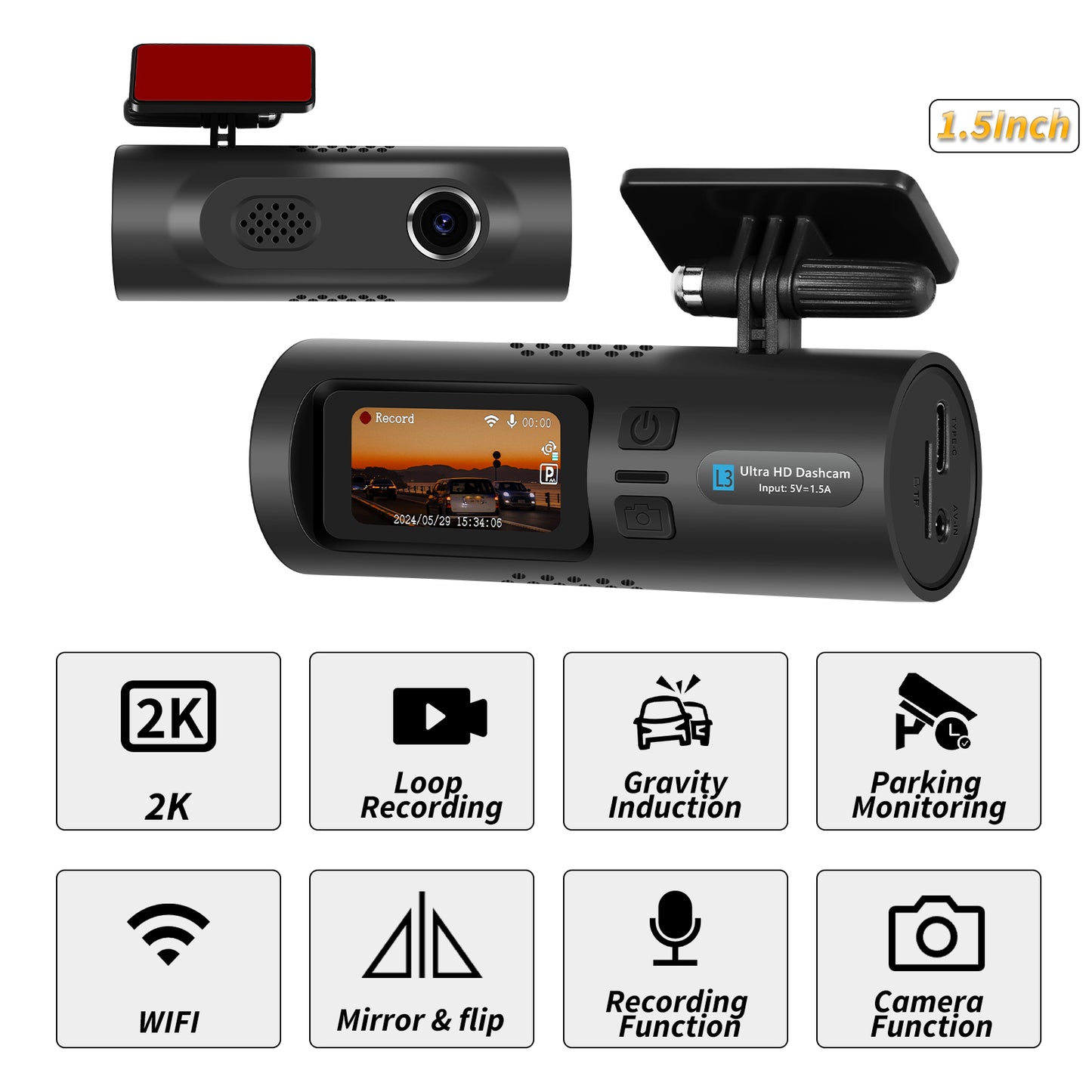 Camera Auto Ultra HD 2K L3, Ecran LCD, Wi-Fi și Control din Aplicație, G-Senzor, Monitorizare Parcare, Port Tip-C, Unghi Larg de Vizualizare