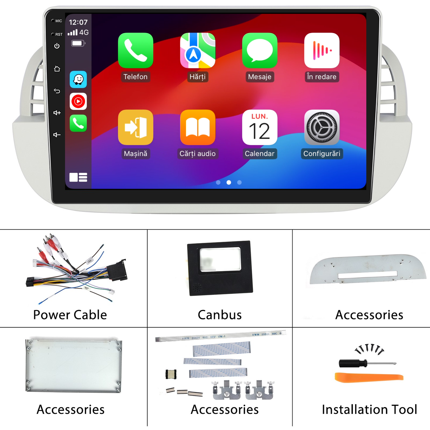 Navigatie dedicata FIAT 500 (2007-2015) Android 14, 8 GB RAM 128 GB ROM, OCTA-CORE 2.0Mhz, Carplay si Android auto, Slot SIM 4G, ventilator de racire activ, ecran 9 inch HD