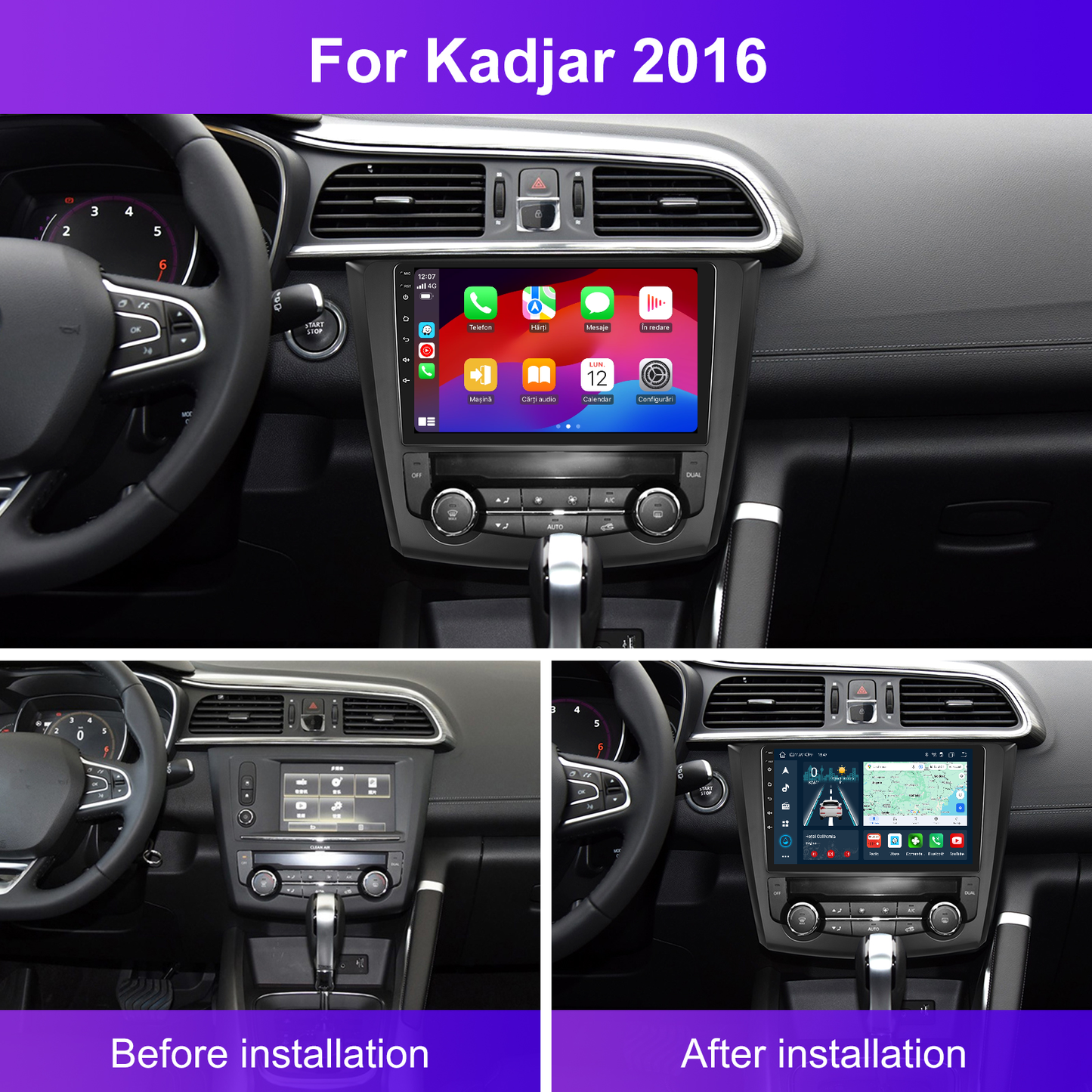 Navigatie dedicata Renault Kadjar (2016) 2GB RAM 32GB ROM, Android 14, Carplay si Android Auto, cooler racire, ecran HD 9 inch