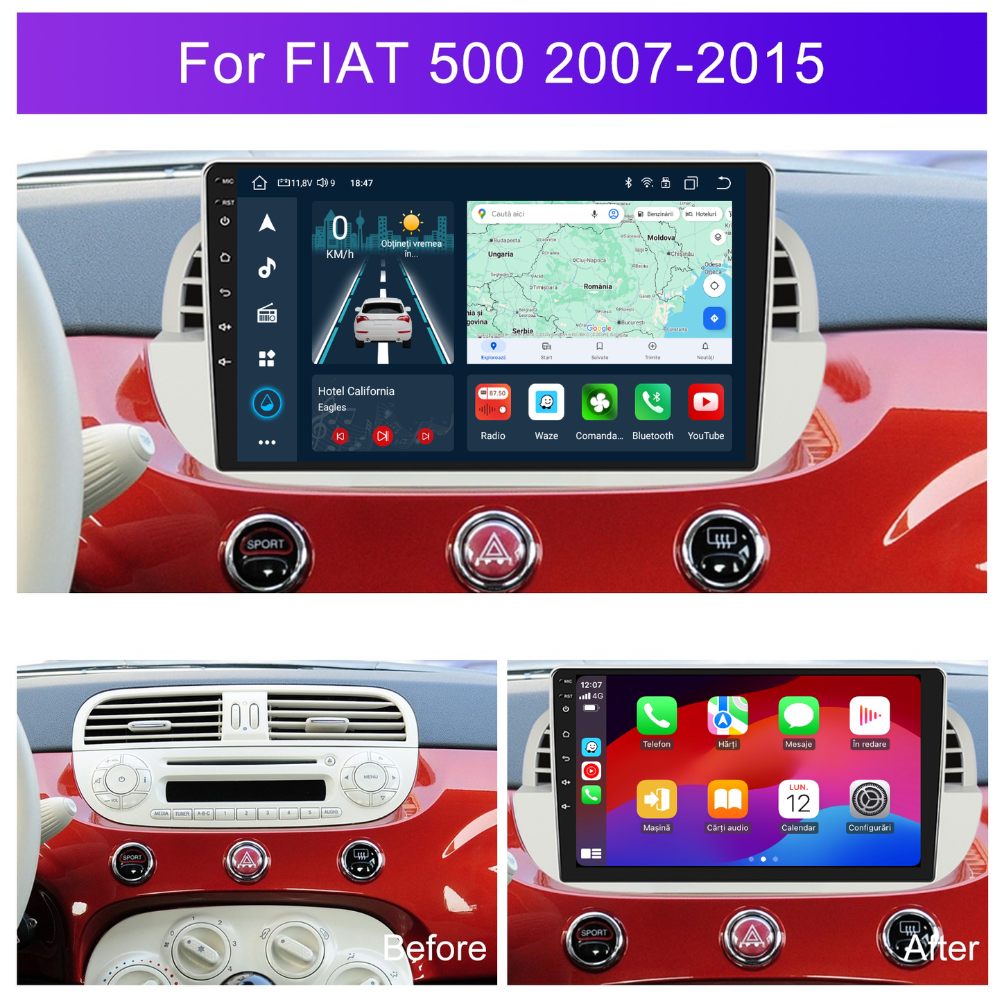 Navigatie dedicata FIAT 500 (2007-2015) Android 14, 8 GB RAM 128 GB ROM, OCTA-CORE 2.0Mhz, Carplay si Android auto, Slot SIM 4G, ventilator de racire activ, ecran 9 inch HD