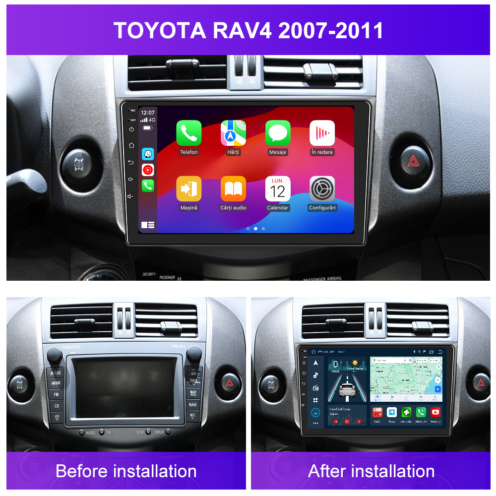 Navigatie dedicata Toyota RAV4 (2007-2011) cu Android 14, 4 GB RAM 64 GB ROM, OCTA-CORE, Carplay si Android auto, Slot SIM 4G, ventilator de racire activ, ecran 9 inch HD