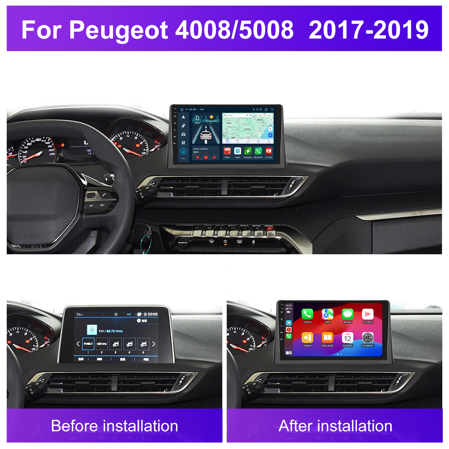 Navigatie dedicata Peugeot 4008/5008 (2017-2019) 2GB RAM 32GB ROM, Android 14, Carplay si Android Auto, cooler racire, ecran HD 9 inch