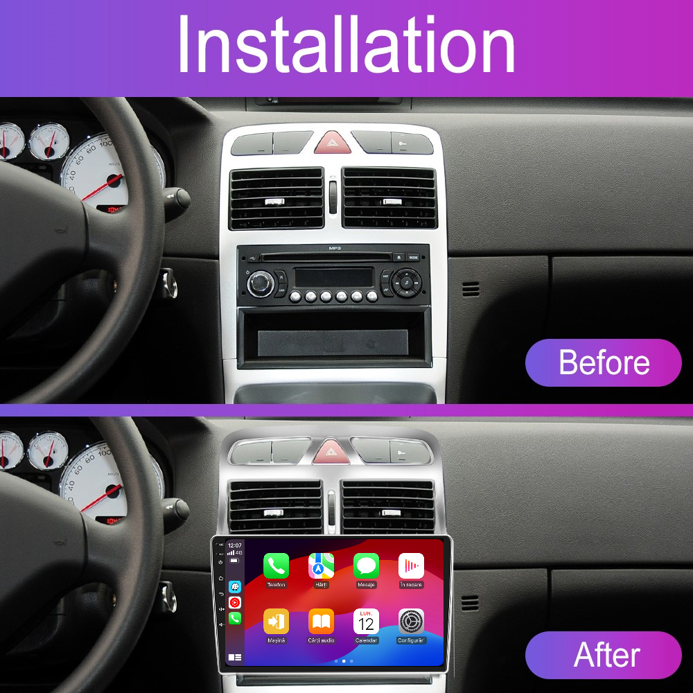 Navigatie dedicata Peugeot 307 (2007-2013) 2GB RAM 32GB ROM, Android 14, Carplay si Android Auto, cooler racire, ecran HD 9 inch