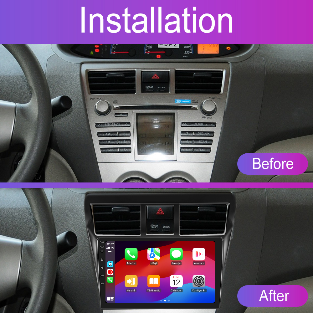 Navigatie dedicata Toyota Yaris (2007-2012) cu Android 14, 4 GB RAM 64 GB ROM, OCTA-CORE, Carplay si Android auto, Slot SIM 4G, ventilator de racire activ, ecran 9 inch HD