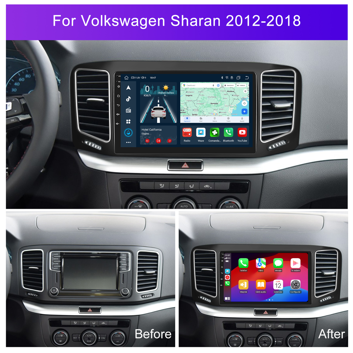 Navigatie dedicata Volkswagen Sharan (2012-2018) cu Android 14, 4 GB RAM 64 GB ROM, OCTA-CORE, Carplay si Android auto, Slot SIM 4G, ventilator de racire activ, ecran 9 inch HD