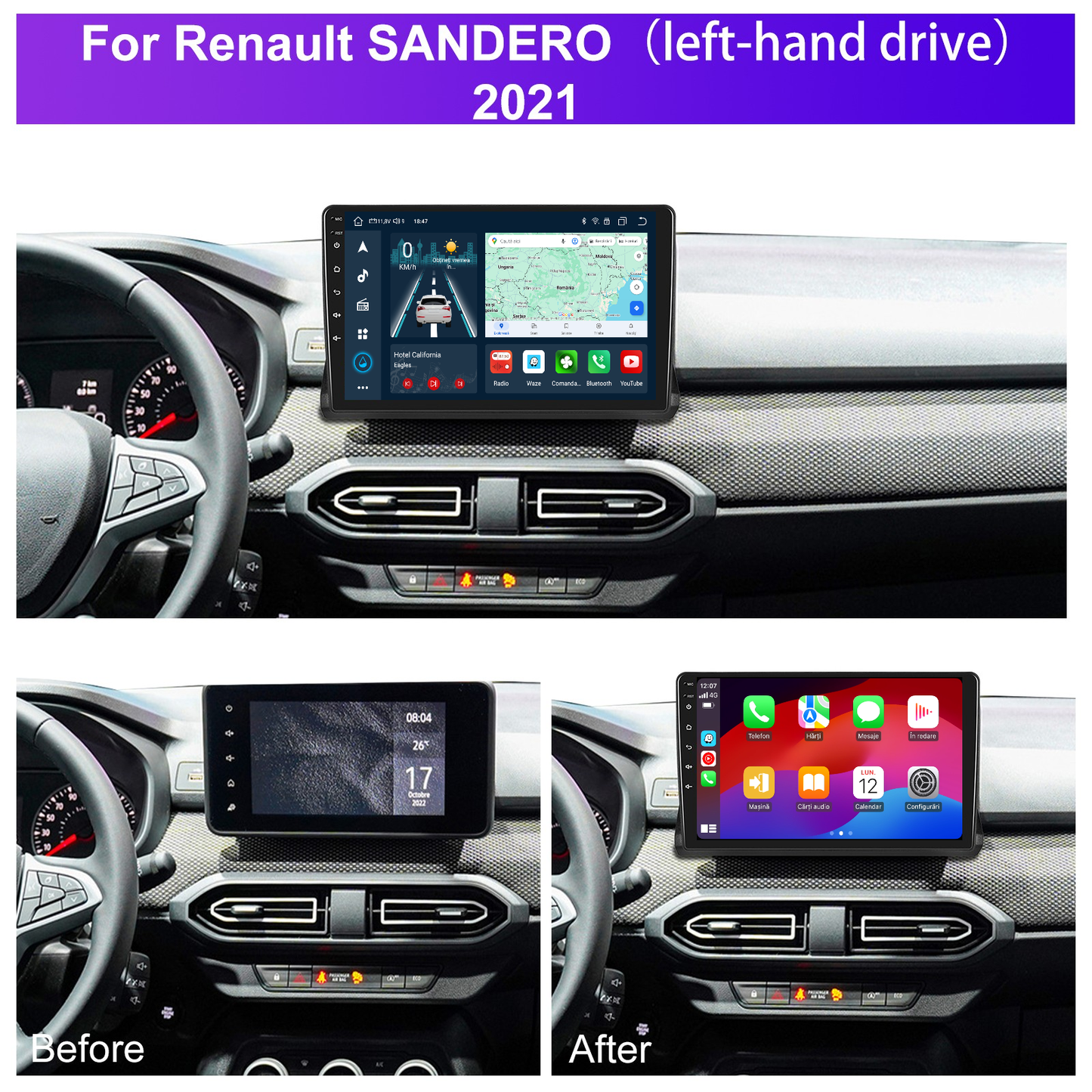 Navigatie dedicata Dacia Sandero (2021) Android 14, 8 GB RAM 128 GB ROM, OCTA-CORE 2.0Mhz, Carplay si Android auto, Slot SIM 4G, ventilator de racire activ, ecran 10.1 inch HD