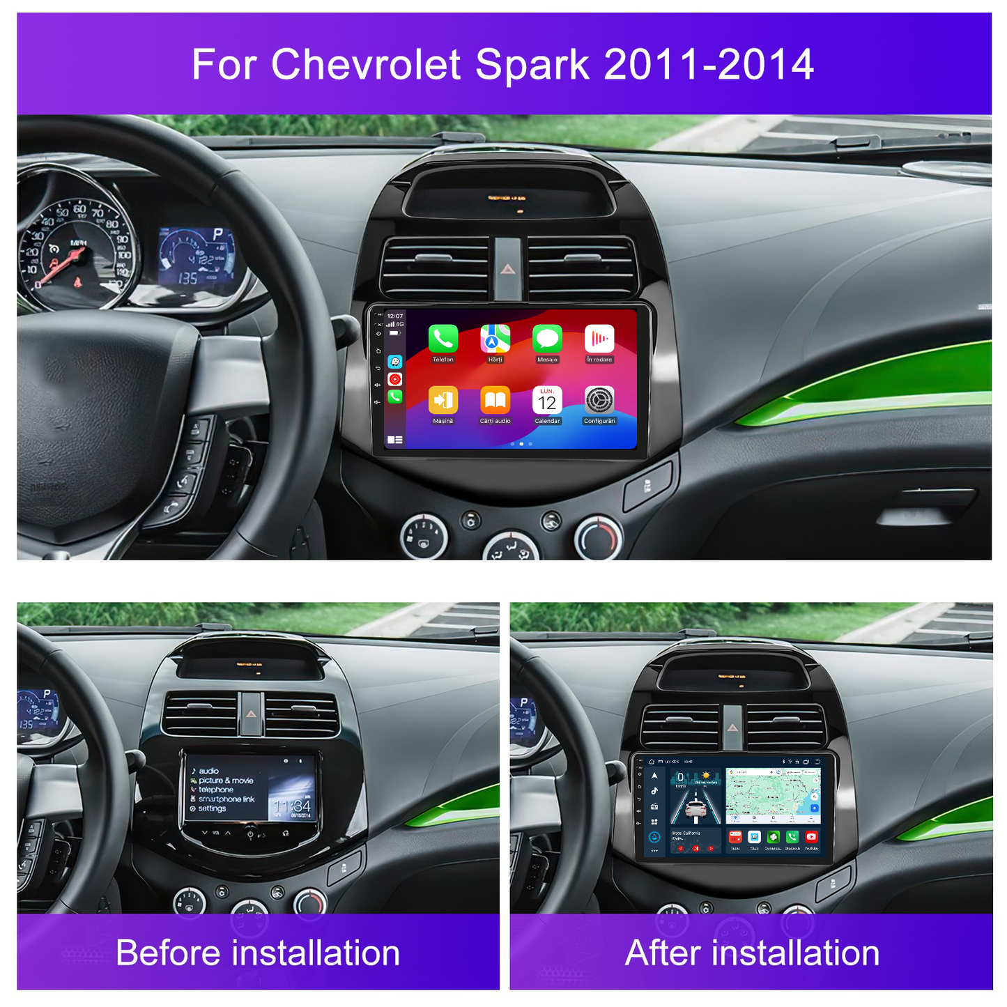 Navigatie dedicata Chevrolet Spark (2011-2014) cu Android 14, 4 GB RAM 64 GB ROM, OCTA-CORE, Carplay si Android auto, Slot SIM 4G, ventilator de racire activ, ecran 9 inch HD