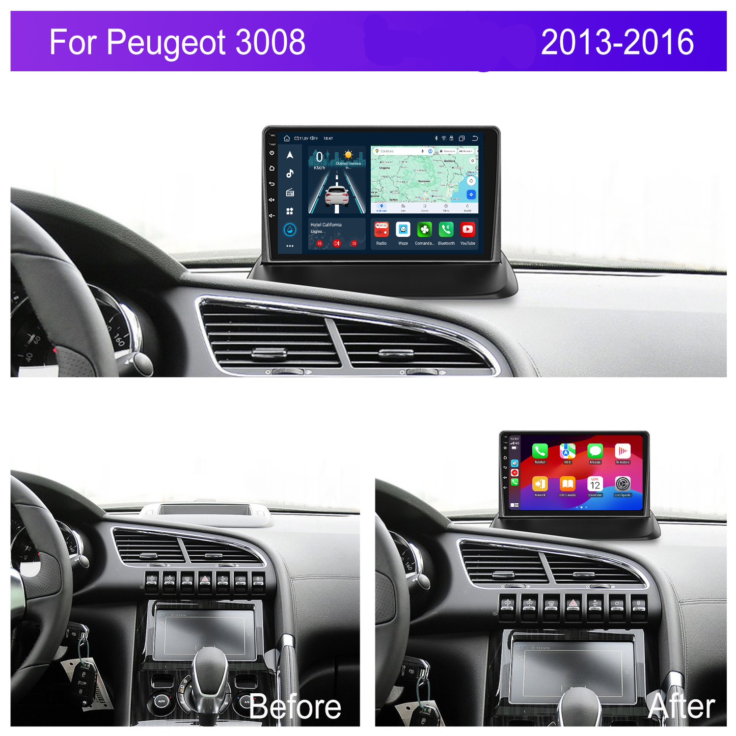 Navigatie dedicata Peugeot 3008 (2013-2016) 2GB RAM 32GB ROM, Android 14, Carplay si Android Auto, cooler racire, ecran HD 9 inch