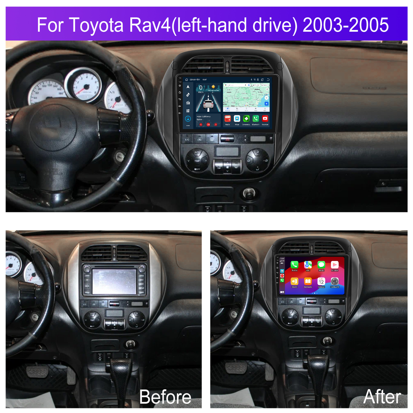 Navigatie dedicata Toyota RAV4 (2003-2005) 2GB RAM 32GB ROM, Android 14, Carplay si Android Auto, cooler racire, ecran HD 9 inch