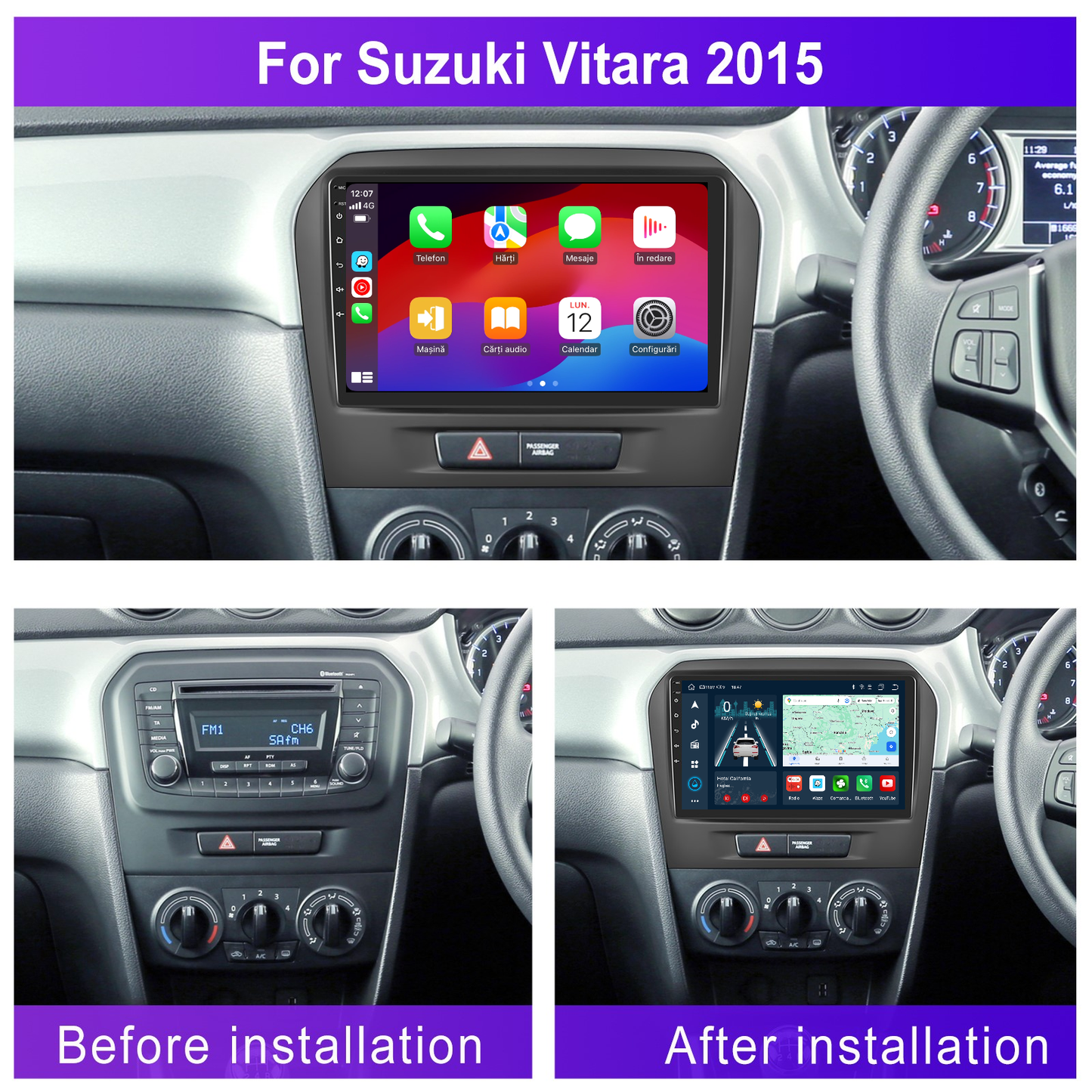 Navigatie dedicata Suzuki Vitara (2014-2018) cu Android 14, 4 GB RAM 64 GB ROM, OCTA-CORE, Carplay si Android auto, Slot SIM 4G, ventilator de racire activ, ecran 9 inch HD