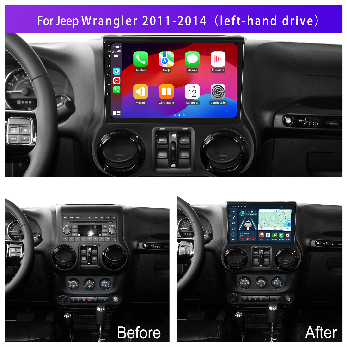 Navigatie dedicata Jeep Wrangler (2011-2014) cu Android 14, 4 GB RAM 64 GB ROM, OCTA-CORE, Carplay si Android auto, Slot SIM 4G, ventilator de racire activ, ecran 10.1 inch HD