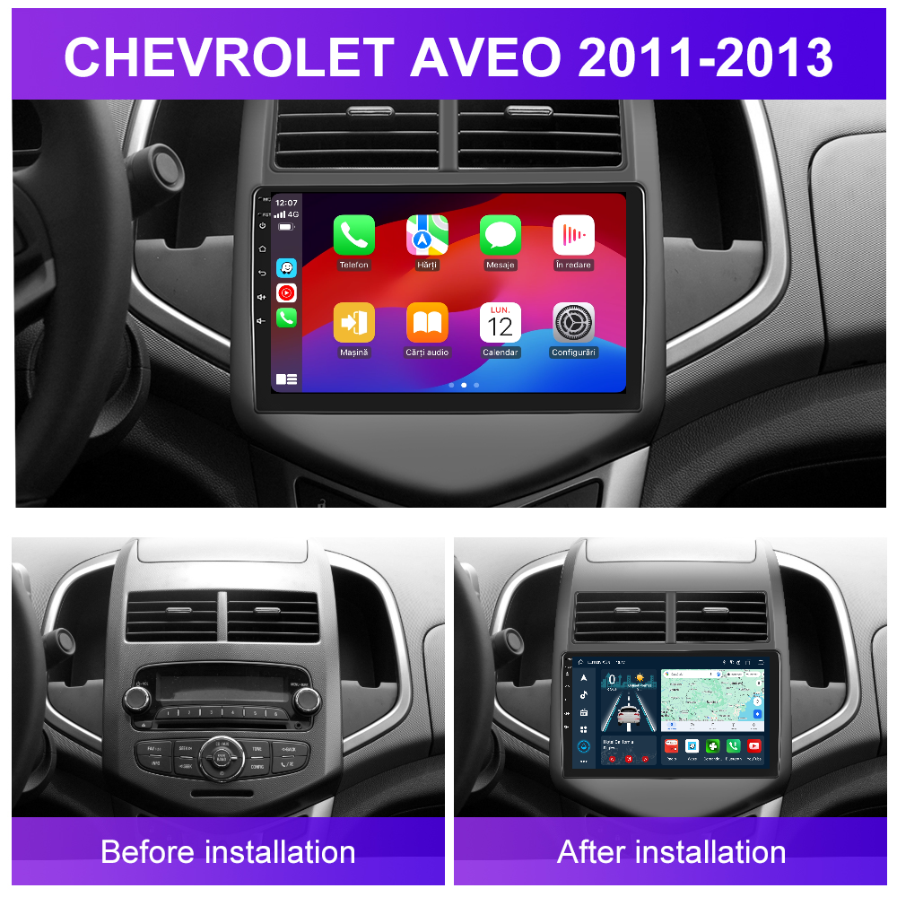 Navigatie dedicata Chevrolet AVEO (2011-2013) 2GB RAM 32GB ROM, Android 14, Carplay si Android Auto, cooler racire, ecran HD 9 inch