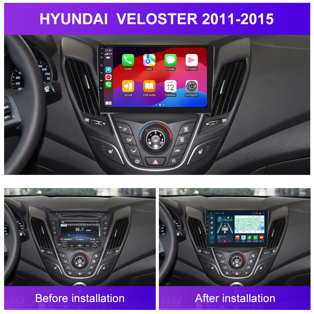 Navigatie dedicata Hyundai VELOSTER (2011-2015) 2GB RAM 32GB ROM, Android 14, Carplay si Android Auto, cooler racire, ecran HD 9 inch
