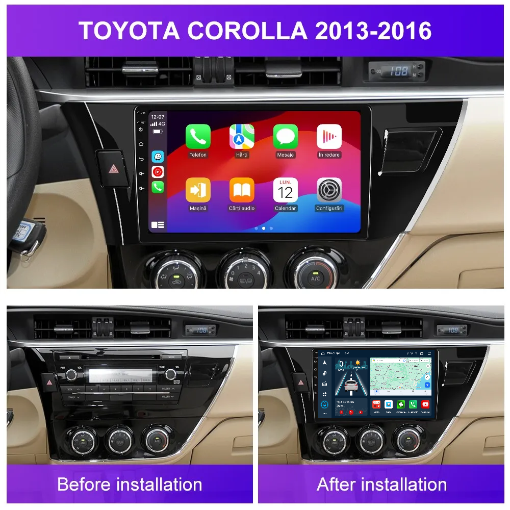 Navigatie dedicata Toyota Corolla (2013-2017) Android 14, 8 GB RAM 128 GB ROM, OCTA-CORE 2.0Mhz, Carplay si Android auto, Slot SIM 4G, ventilator de racire activ, ecran 10.1 inch HD
