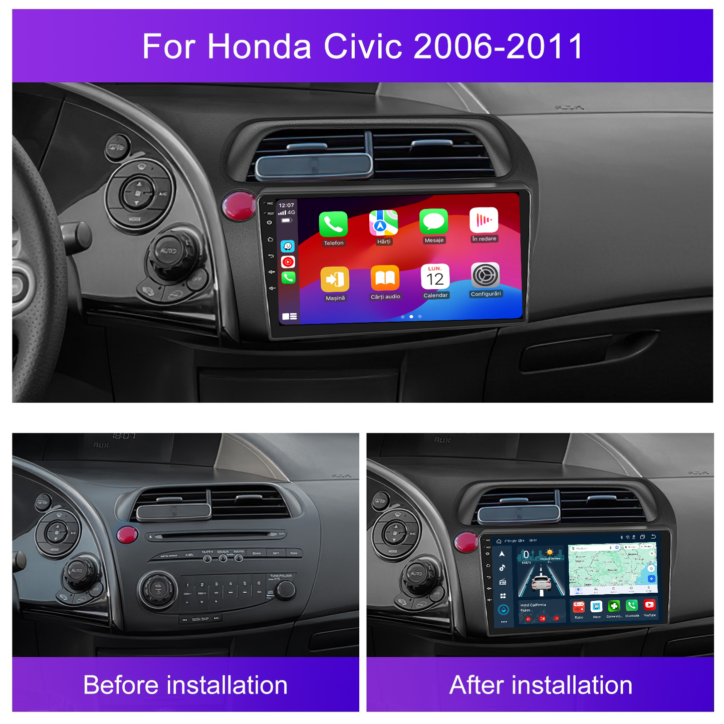 Navigatie dedicata Honda Civic (2006-2011) cu Android 14, 4 GB RAM 64 GB ROM, OCTA-CORE, Carplay si Android auto, Slot SIM 4G, ventilator de racire activ, ecran 9 inch HD