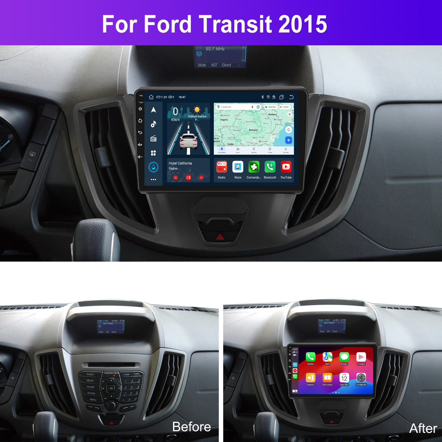 Navigatie dedicata Ford Transit (2015) 2GB RAM 32GB ROM, Android 14, Carplay si Android Auto, cooler racire, ecran HD 9 inch