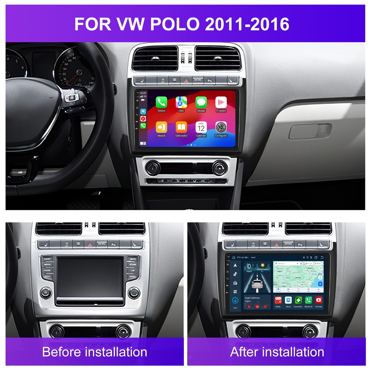Navigatie dedicata VW POLO (2011-2016) Android 14, 8 GB RAM 128 GB ROM, OCTA-CORE 2.0Mhz, Carplay si Android auto, Slot SIM 4G, ventilator de racire activ, ecran 9 inch HD