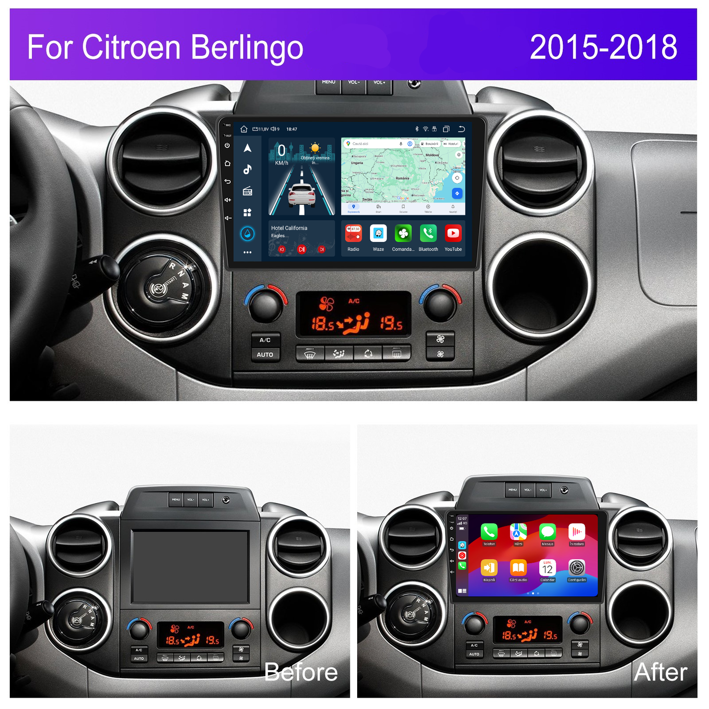 Navigatie dedicata Citroen Berlingo (2015-2018) 2GB RAM 32GB ROM, Android 14, Carplay si Android Auto, cooler racire, ecran HD 9 inch