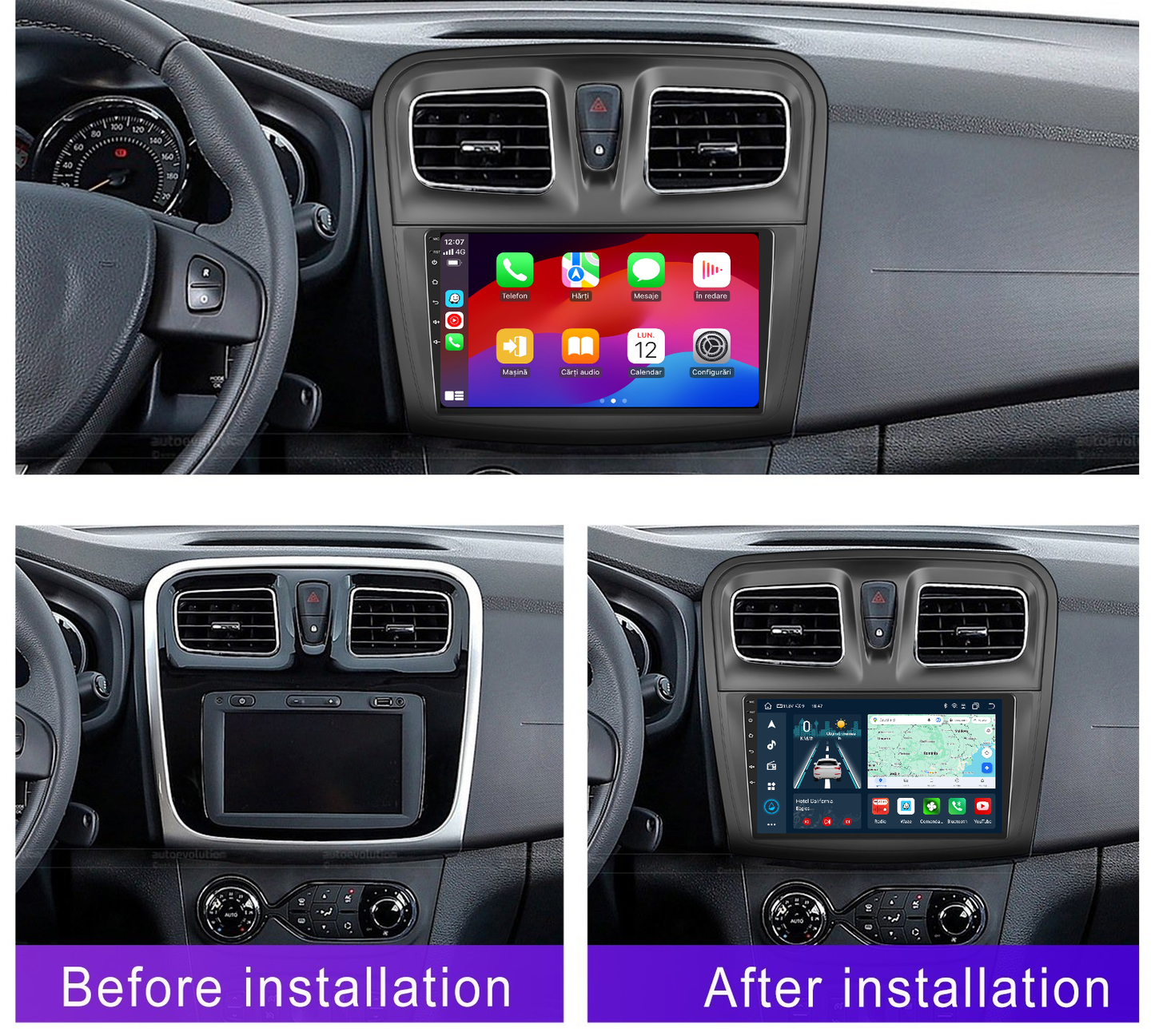 Navigatie dedicata Dacia Logan | Duster | Sandero (2012-2020) cu Android 14, 4 GB RAM 64 GB ROM, OCTA-CORE, Carplay si Android auto, Slot SIM 4G, ventilator de racire activ, ecran 9 inch HD