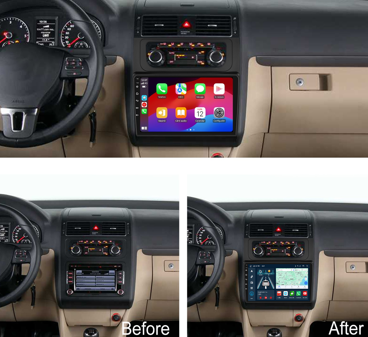Navigatie dedicata Volkswagen Touran (2014-2015) cu Android 14, 8 GB RAM 128 GB ROM, OCTA-CORE 2.0Mhz, Carplay si Android auto, Slot SIM 4G, ventilator de racire activ, ecran 10 inch HD